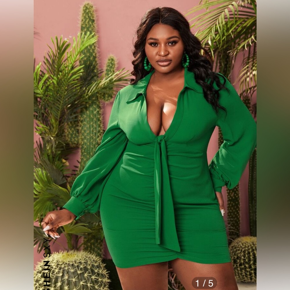 mini long sleeve green dress with open cleavage area